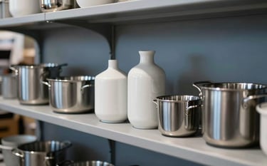 A close-up shot of elegant household goods like ceramic vases and stainless steel kitchenware on minimalist shelving. The style is sleek and business-like, set in a modern Western European / Dutch store environment with steel blue and light gray tones.