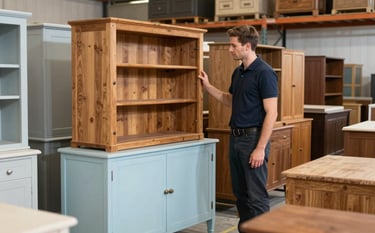 A clean, well-organized warehouse space in the Netherlands showing high-quality, pre-owned wooden furniture. A Western European / Dutch professional is inspecting a vintage cabinet. Colors include natural wood tones, pale sky blue, and light gray.