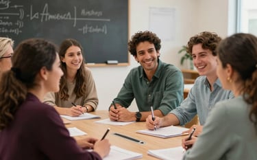 A friendly small group of adult students sitting around a table in a modern classroom in Canary Islands, Spain, practicing English conversation with a smile, sunny clean atmosphere, warm tones with dark purple and soft teal accents.