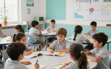 A lively classroom in Canary Islands, Spain with young children enjoying an interactive English lesson, seated at round tables with colorful books, bright natural lighting, modern school decor, light grey and white tones with subtle turquoise accents.