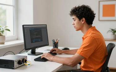 A South American / Brazilian professional in a modern home office setting, focused on high-speed data tasks, fiber optic equipment subtly visible on a desk, clean minimalist design with vibrant orange highlights.