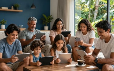 A happy South American / Brazilian family in a modern living room in Maranhão, multiple people using tablets and phones simultaneously, bright natural sunlight, with subtle deep blue and forest green interior accents.