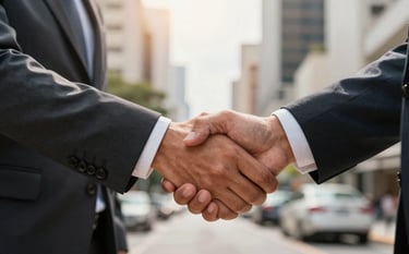 Close-up of a professional handshake between two people in business attire in a South American urban environment, symbolizing a successful car property transfer. The lighting is warm and bright.