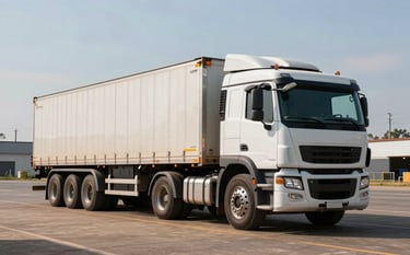 A large heavy-duty truck and trailer parked in a clean logistics yard in South America. The composition emphasizes reliability and scale, with a clear sky and professional photography style.
