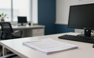 A bright, professional South American office interior with a desk holding vehicle documents and a computer. The setting is clean and efficient, with soft natural light and subtle dark blue and off-white accents in the room decor.