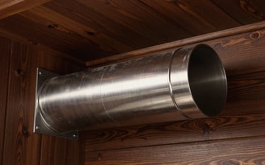 A close-up photography of a stainless steel chimney liner being expertly installed into a flue. The composition uses dark espresso brown and warm chestnut tones to convey high-quality materials and professional work in a North American / US home.