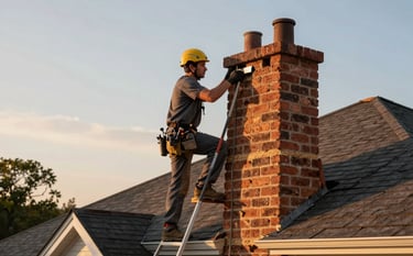 A skilled mason repairing a brick chimney on the roof of a high-end North American / US home. The sunset lighting adds warmth to the chestnut brown bricks and cedar tan mortar joints.