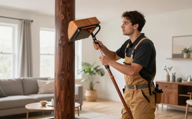 A professional chimney sweep performing maintenance in a clean, modern North American / US living room. The scene is bright and highlights safety and craftsmanship, featuring tools in deep chestnut brown and warm cedar tan accents.