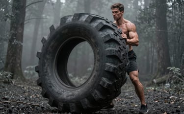 A high-performance athlete lifting a heavy tractor tire in a dark slate grey forest during a foggy morning. Low key lighting, emphasizing raw muscle texture and natural resilience. Premium fitness photography style.