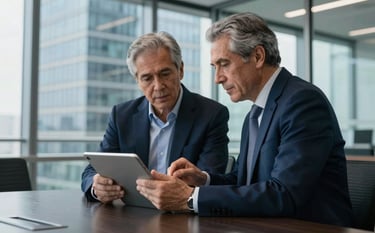 A sophisticated, professional photography shot of a glass-walled conference room in a North American high-rise. Two senior digital consultants are reviewing a prototype on a tablet. The mood is expert and confident, with a dark blue and silver aesthetic.