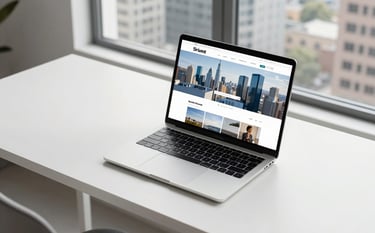 A crisp, high-angle photography shot of a sleek, modern home office in a North American city. A high-end laptop on a white desk displays a clean, responsive website interface. The lighting is bright and natural, coming from a large window. The color palette features soft blue and off-white tones.