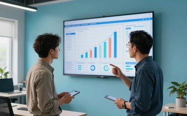 A professional photography shot of an innovative tech workspace in the US. Two focused experts in business casual attire are discussing a large wall-mounted screen displaying data analytics and growth charts. The environment is vibrant with light blue accents and professional lighting.