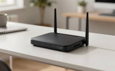 High-end photography of a sleek black wireless router with small white indicator lights sitting on a modern minimalist desk in a bright North American home office. Natural lighting, professional atmosphere.
