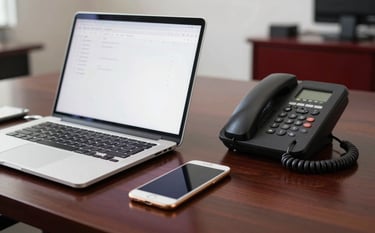 A professional setup featuring a laptop, smartphone, and landline phone on a dark wooden desk in a North American corporate home office. Sharp focus, clean composition, white and dark red color accents.