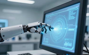 A futuristic robotic hand interacting with a holographic light blue display in a high-tech German research center. The setting is clean, professional, and reflects future-oriented technology.