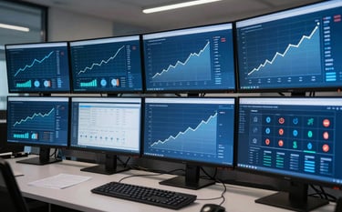 A wall of multiple sleek monitors in a modern control room, displaying growth charts and affiliate network data in shades of medium blue. Central European office style.
