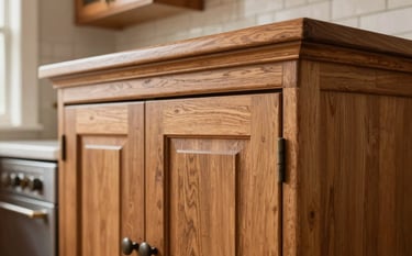 Handcrafted wooden cabinets in a bright kitchen. The shot showcases the fine joinery and detailed crown molding. Warm, professional lighting emphasizes the rich wood grain and the artisanal quality of the carpentry work in a North American / Hispanic home.