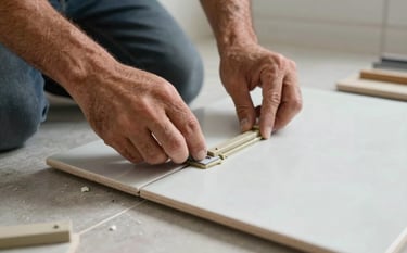 Close-up of a master craftsman's hands carefully setting a large porcelain tile on a bathroom floor. The composition focuses on the precision of the spacer and the thin-set mortar. Modern North American / Hispanic home setting.