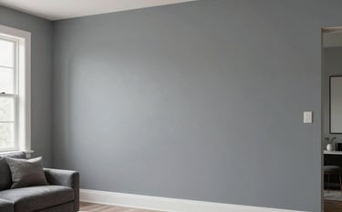 A professionally painted modern living room wall in a soft steel gray. The lighting is soft and natural from a side window, highlighting the smooth, flawless texture of the finish. North American / Hispanic interior styling with elegant minimalist decor.