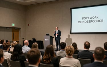A high-energy photograph of a corporate conference in a Fort Worth convention hall. The image captures a speaker on stage with a professional audience in the foreground. The color palette features muted sage and warm beige tones from the interior decor, creating a sophisticated event atmosphere.