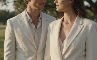 A sophisticated lifestyle portrait of a couple in a sun-drenched outdoor North Texas setting. The lighting is golden and warm, highlighting textures in cream white fabrics and the soft muted sage of the surrounding nature. The style is high-end and cinematic.