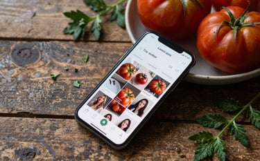 A close-up, top-down photograph of a rustic wooden table featuring a bowl of deep ripe crimson heirloom tomatoes and a smartphone displaying a curated social media feed. The lighting is soft and natural, emphasizing the textures of the food and the sleekness of the device. Touches of matte forest green herbs are scattered around.