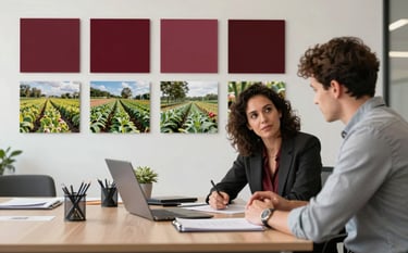A collaborative office scene with a mood board featuring deep ripe crimson swatches and photos of local farms. Two professionals are discussing strategy over a crisp parchment-colored desk. The atmosphere is modern, creative, and professional, reflecting a sophisticated marketing agency.