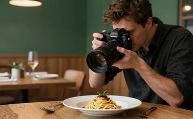A professional photographer in a Scandinavian-style restaurant setting, focusing a high-end camera on a beautifully plated artisanal pasta dish. The background is slightly blurred, showing warm wood and matte forest green walls. The scene is lit with professional soft-box lighting, creating a sophisticated, professional atmosphere.