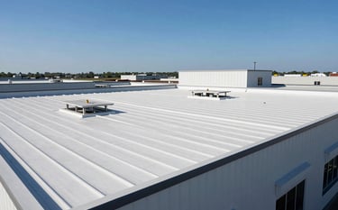 A wide-angle shot of a large North American / US commercial building with a clean, white TPO flat roof being professionally finished. The scene includes the steel blue sky and subtle shadows, projecting efficiency and modern construction expertise. The overall mood is authoritative and reliable.