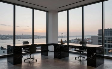 A minimalist, high-end design studio setting in Istanbul with floor-to-ceiling windows, sleek black marble surfaces, and soft evening lighting. The atmosphere is sophisticated and visionary, reflecting a global / international business hub.