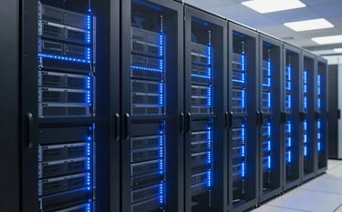 Clean, high-tech photography of a modern data center with glowing blue LED server racks in a temperature-controlled environment, North American / International Business facility, bright and professional lighting.