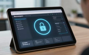 A close-up of a high-resolution tablet displaying a secure encrypted interface in a North American / International Business office, with soft focus on a modern architectural background.