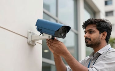 A professional technician in a modern South Asian / Indian city environment installing a sleek security camera on a white building facade. The lighting is crisp daylight, highlighting the reliability of the equipment. Brand colors of Steel Blue and Soft Off-White are visible in the background.