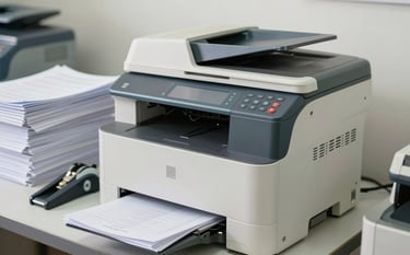 A high-performance digital photocopy machine in a contemporary South Asian / Indian service center. Neatly stacked documents and professional binding tools are nearby. Soft natural lighting highlights a clean aesthetic in Soft Off-White and Dusty Blue.