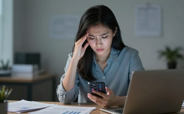 A close-up of a pretty Asian female entrepreneur sitting at a desk cluttered with paperwork and a laptop. She looks stressed, rubbing her temples while her phone screen glows with many notification icons in pink #C4A5A8 and blue #4E6D8F. Professional cinematic lighting with soft shadows.