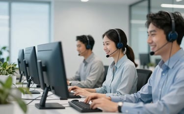 The professional Smart Sphere office. A clean, modern environment featuring Asian staff members with headsets smiling and working efficiently on dual monitors. The room is decorated with brand colors #1D2B40 and #4E6D8F. The atmosphere is calm and focused.