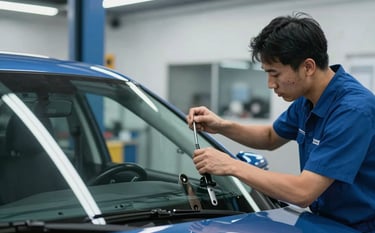A professional photography shot of a technician in a modern North American / US auto shop precisely fitting a new windshield onto a premium vehicle. The lighting is clean and bright, emphasizing a professional and trustworthy environment with deep blue tones.