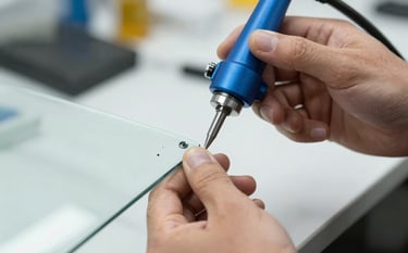 A close-up photograph of a precision resin injection tool being applied to a small windshield chip by a technician's hands. The setting is a bright, clean North American / US service bay with soft daylight. The focus is on the clarity of the glass and the metallic blue tool.