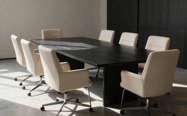 A high-end, minimalist corporate boardroom with a sleek obsidian black table and soft almond off-white chairs. Natural sunlight streams in, creating sharp, cinematic shadows. The atmosphere is professional and strategic.
