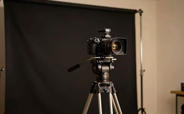 A cinematic shot of a professional production studio. A high-end camera stands on a tripod against an obsidian black backdrop, illuminated by soft gold rim lighting. Elegant and premium feel.