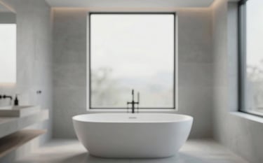A luxurious contemporary bathroom with a freestanding soaking tub, minimalist matte black fixtures, and walls finished in soft #B4C2CD tiles. Large windows provide natural light. Professional architectural photography, clean and serene atmosphere.