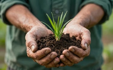 A close-up of a farmer's weathered hands holding a handful of rich, dark earth and vibrant green grass blades. The lighting is bright and clear, emphasizing the wholesome, reliable quality of the land. Elements of deep green (#2C3A2D) and brown (#6F624C) are prominent.