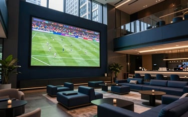 Professional photography of a high-end sports lounge in a modern Southeast Asian city building. A large screen in the background displays a live football match. The environment is sophisticated with dark navy and medium blue accents in the decor and ambient lighting.