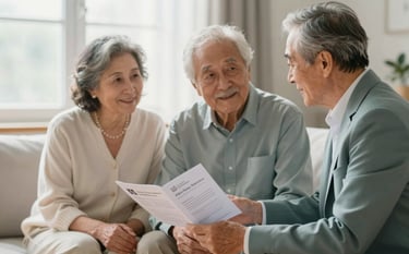 A compassionate senior advisor sitting with an elderly couple in a bright room, looking at brochures, soft morning light, dressed in muted sage teal and warm pearl white, professional and reassuring atmosphere.
