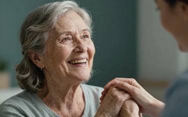 A close-up photo of a senior woman laughing gently while a caregiver holds her hand, soft focus background in soft mint grey and dark forest teal tones, calming and trustworthy lighting.