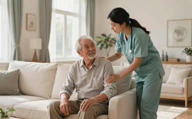 An interior shot of a comfortable, sunlit home living room with a caregiver assisting a senior man, warm pearl white and muted sage teal decor, professional photography.