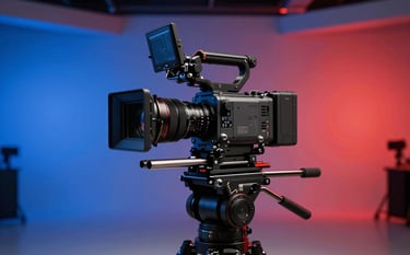A professional video production set in a bright US studio. A high-end cinema camera on a gimbal stabilizer is ready for filming. The background features dynamic Deep Prussian Blue and Fire Engine Red accent lighting. The mood is sophisticated and creative.