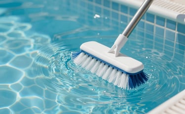 A close-up shot of a pool brush cleaning the waterline tiles of a sparkling clean swimming pool. The water is clear and inviting, with soft blue tones of #9DD0D9. The image evokes a sense of efficiency and hassle-free maintenance under bright, clean lighting.