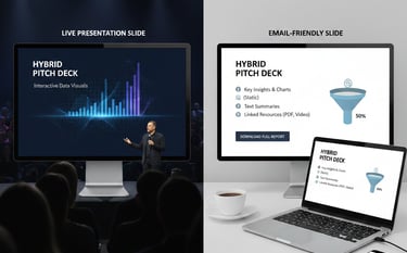 Comparison of live presentation slide and email-friendly slide showing hybrid pitch deck design.