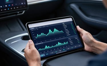 A professional sharp-focus photograph of a hand holding a digital tablet displaying error diagnostic graphs next to a vehicle's center console. Tones of steel blue and dark navy dominate the high-tech interior.